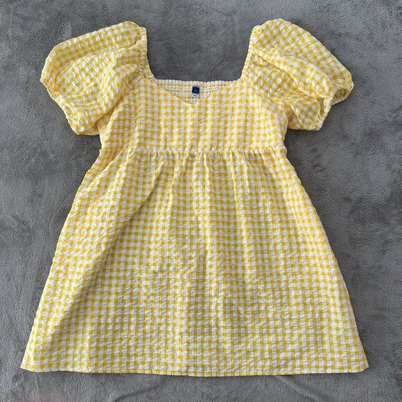 Old Navy Dresses & Skirts - Old Navy Dress XL Yellow Gingham Plaid Puffed Sleeve Smocked Sweetheart Neck